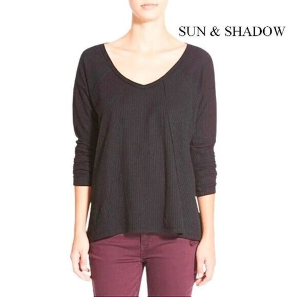 Sun & Shadow V Neck Thermal Ribbed Knit Swing Hi Low‎ Long Sleeve Shirt - Picture 1 of 9